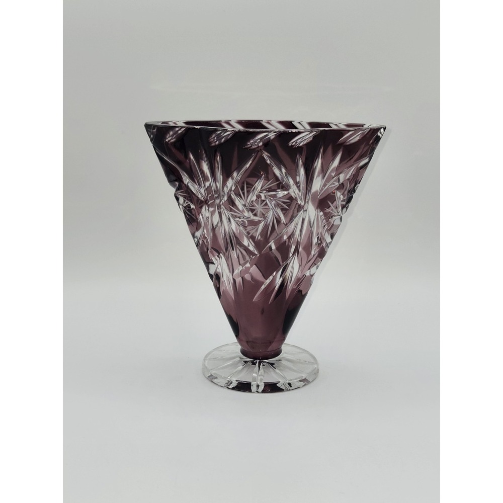 Amethyst Cut to Clear Crystal Bohemian Czech Starburst Cut Footed Vase
